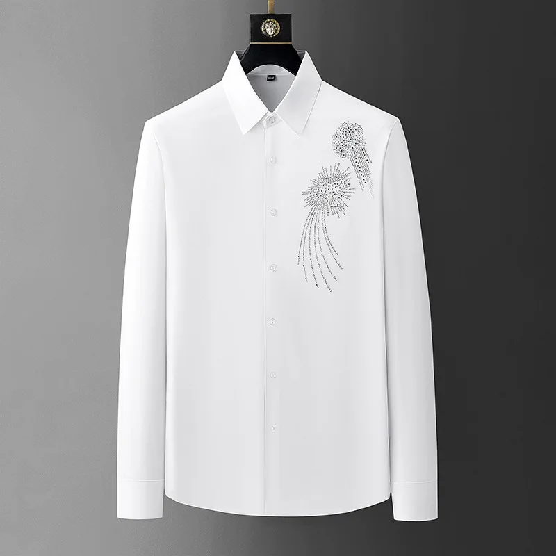 

New Luxury Rhinestone Dress Shirt for Men Slim Fit Casual Business Shirts Male Social Party Banquet Stage Performance Costumes