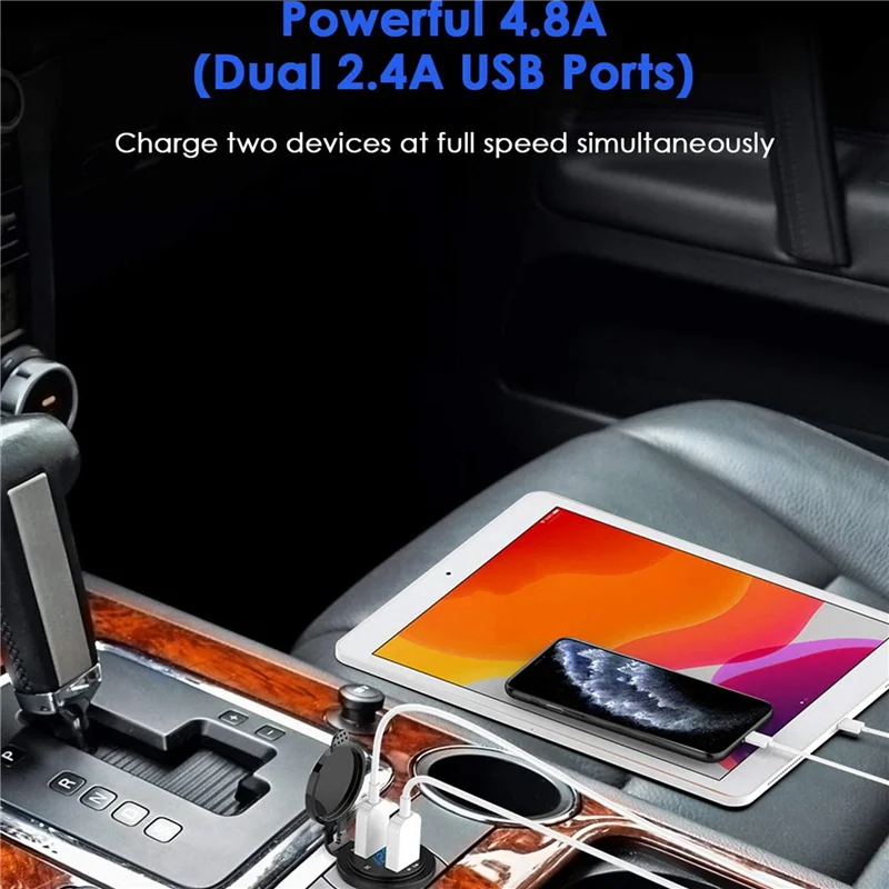 2X 12V USB Outlet, Waterproof 12V/24V 24W 4.8A Dual USB Charger Socket Power Outlet Adapter With LED Voltmeter Switch-ABJU