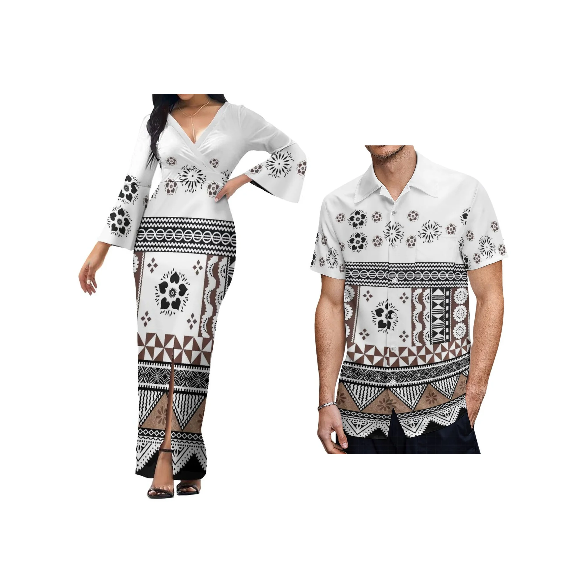 Wholesale Custom White Sunday Church Uniform Polynesian Tonga Tribal Design V Neck Bell Sleeves Ladies Dress Matching Men Shirts