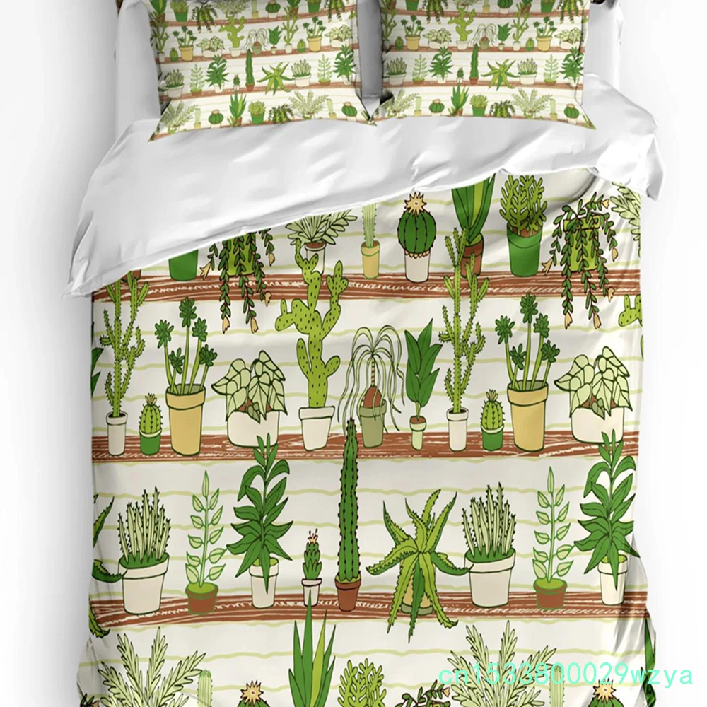 Flowerpot Cactus Flowers Green Leaves Plant Duvet Cover Bed Bedding Set Home Quilt Cover Pillowcases Bedding Set No Sheet