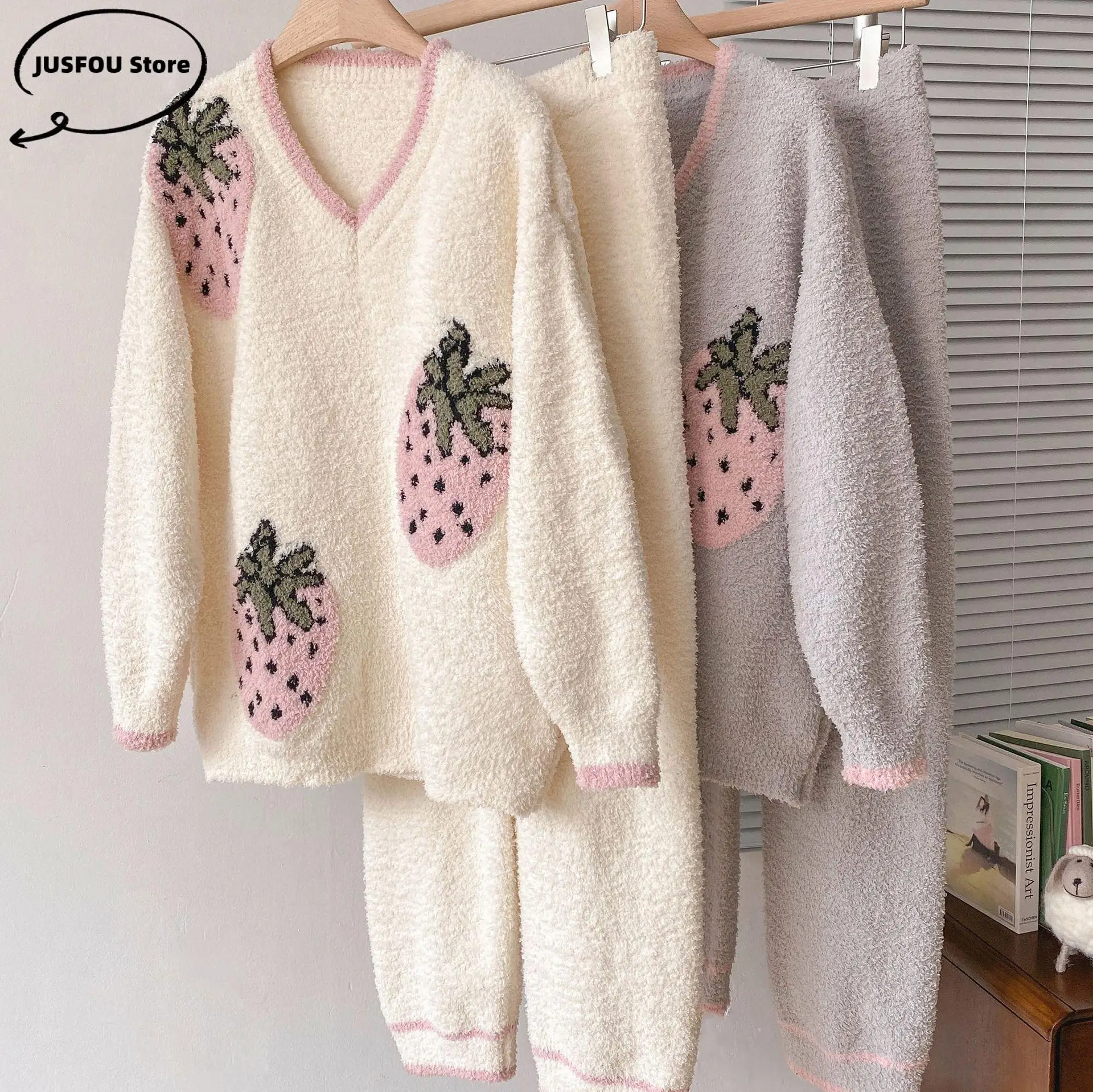 Sweet Strawberry Fleece Home Clothing Autumn Winter Women's Pajamas Set Thicken Half Flannel 2Pcs Sleep Trouser Suits Loungewear