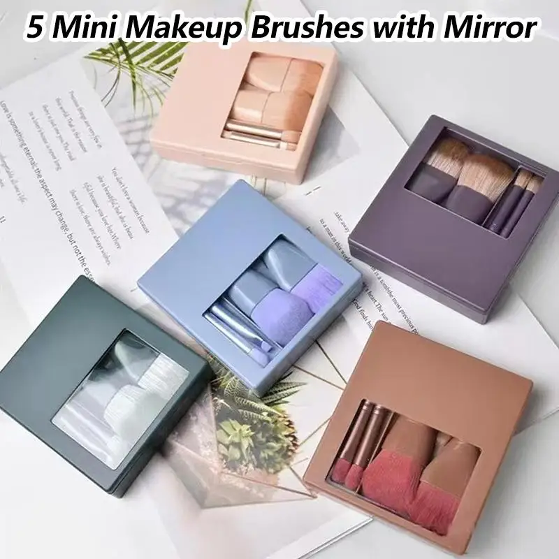 Makeup Brush Set with Mirror 5PCS Lightweight Foldable Portable Cosmetic Brushes for Trips and Outdoor Use