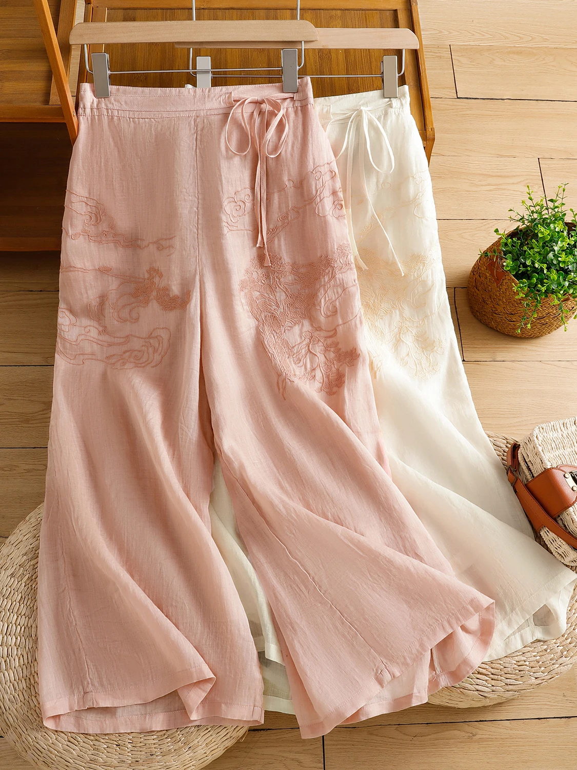 Pantalones de pierna ancha de lino ligeros y transpirables, pantalones informales finos de corte recto bordados para mujer de talla grande de verano