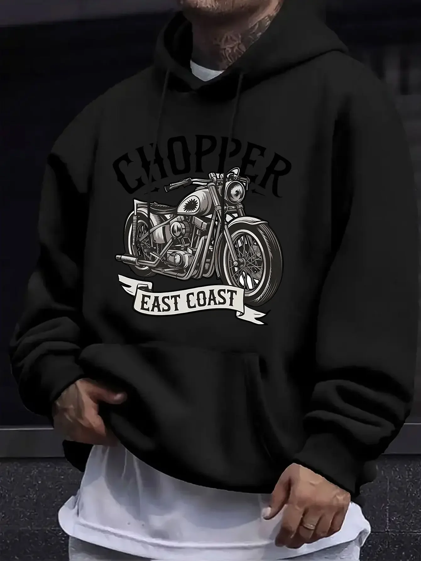 Men Chopper East Coast Motorcycle Graphic Hoodie Vintage Biker Autumn Winter Fleece Lined Loose Streetwear Hooded Sweatshirt