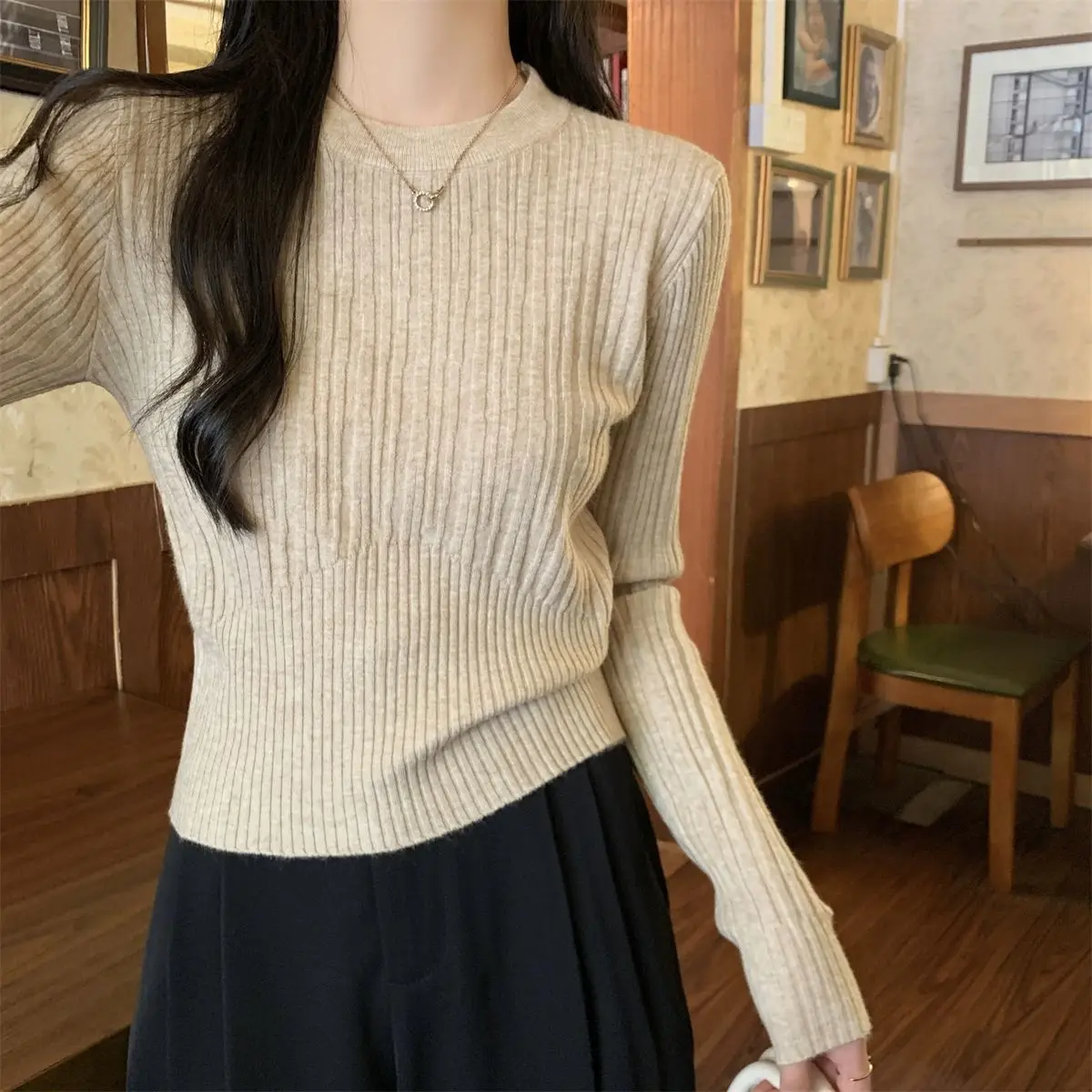 Women\'s Clothing Chic Slim O-neck Sweaters Autumn Winter New Vintage Elegant Long Sleeve Knit Pullover Office Lady All-match Top