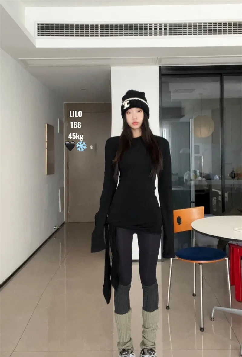 تي شيرت بأكمام طويلة للنساء صيفي بأكمام مضيئة على الكتف كل مباراة من القطن ثنى الرسن الرباط مجموعة الفتيات