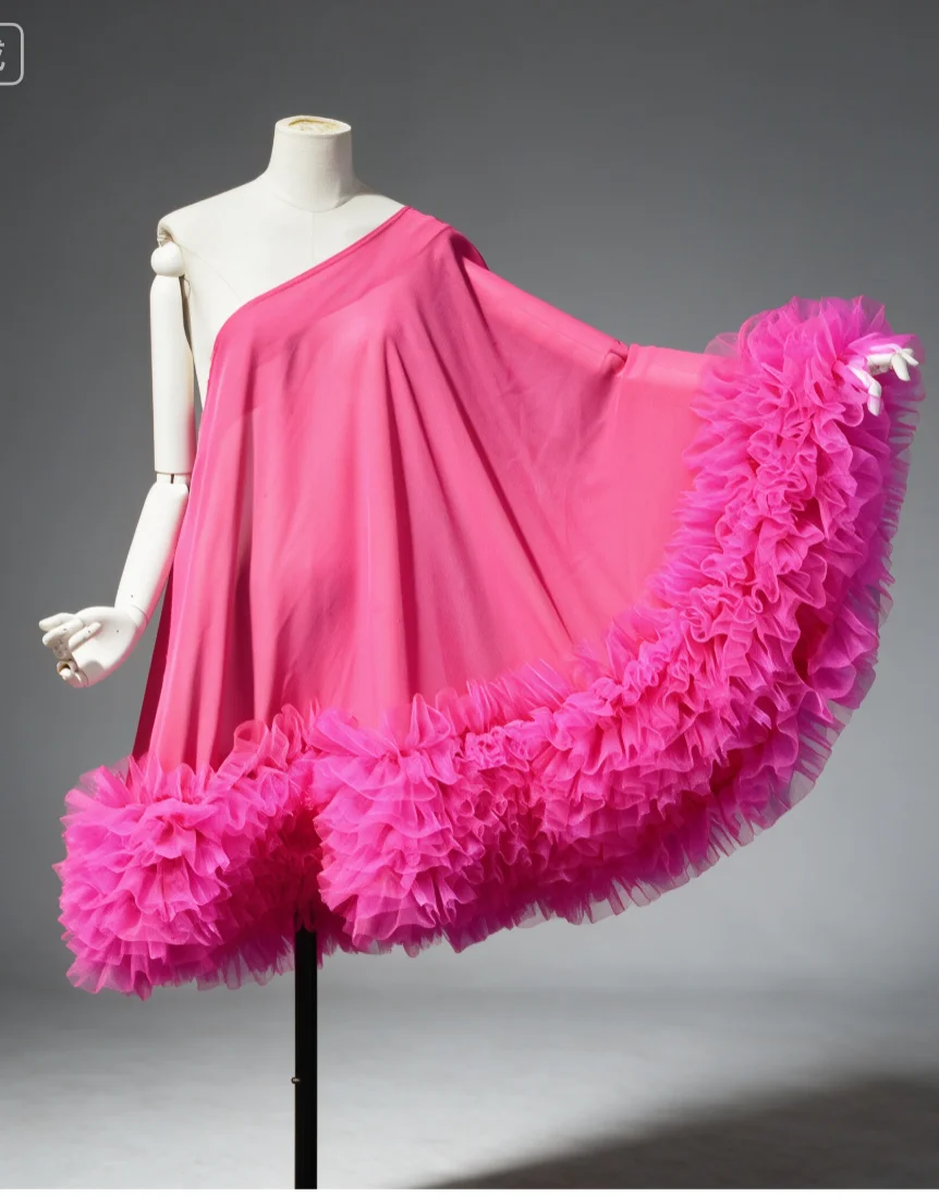 One Sleeve Chiffon Mini Dress Fluffy Tulle Ruffle Hem Skirt Birthday Party Wedding Photoshoot Stage Performance Fashion Costume