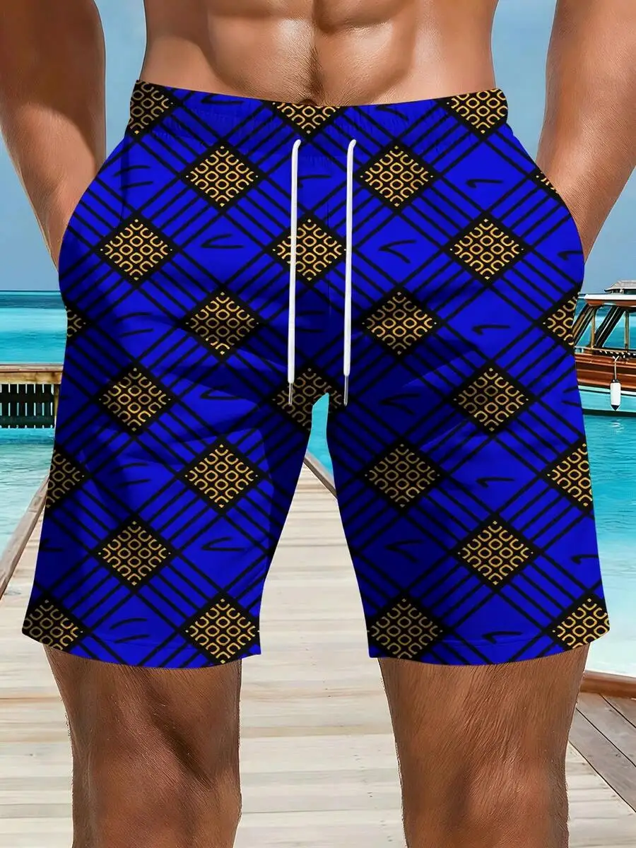 

Mens Beach Shorts With Blue Diamond Geometric Print Casual Swim Trunks