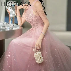 Pink Halter Collar Evening Dress Female Fairy Skirt Explosion Style Temperament High-End Sense Banquet Bridesmaid Dresses