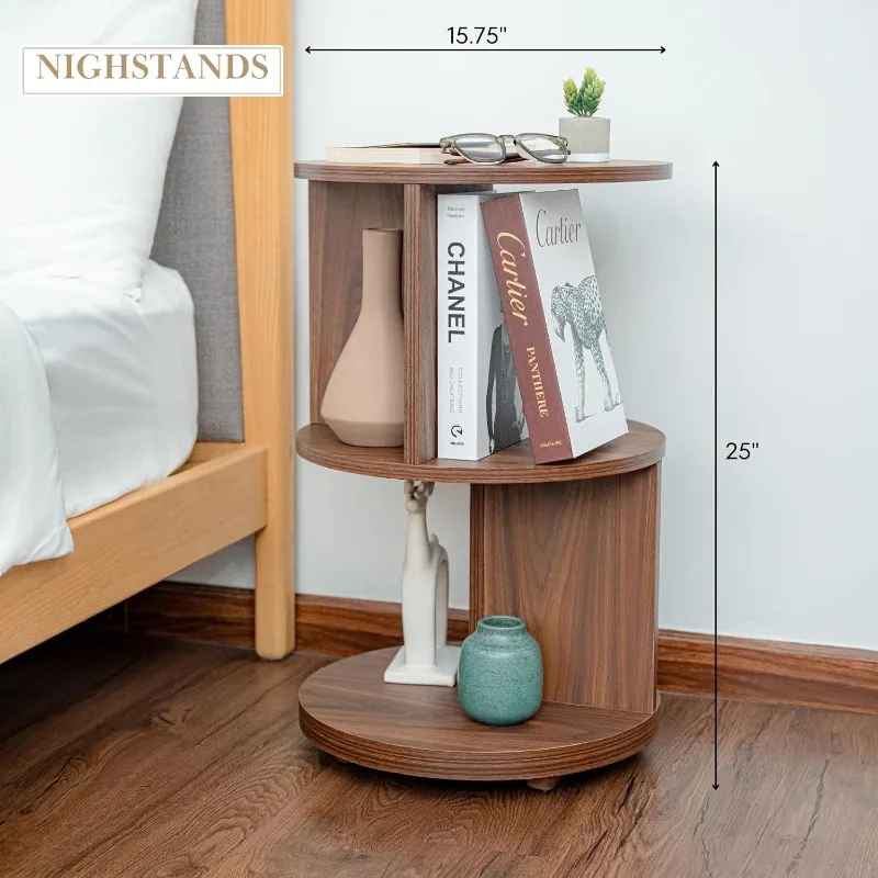 Walnut side table for living room, round bookshelf office side table, mid century modern nightstand for bedroom