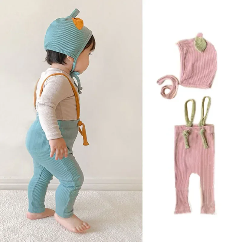 Newborn Infant Baby Boy Girl Rompers+Hats Knitted Overall Jumpsuit Adjustable Strap 2024 Summer Toddler Suspenders Leggings