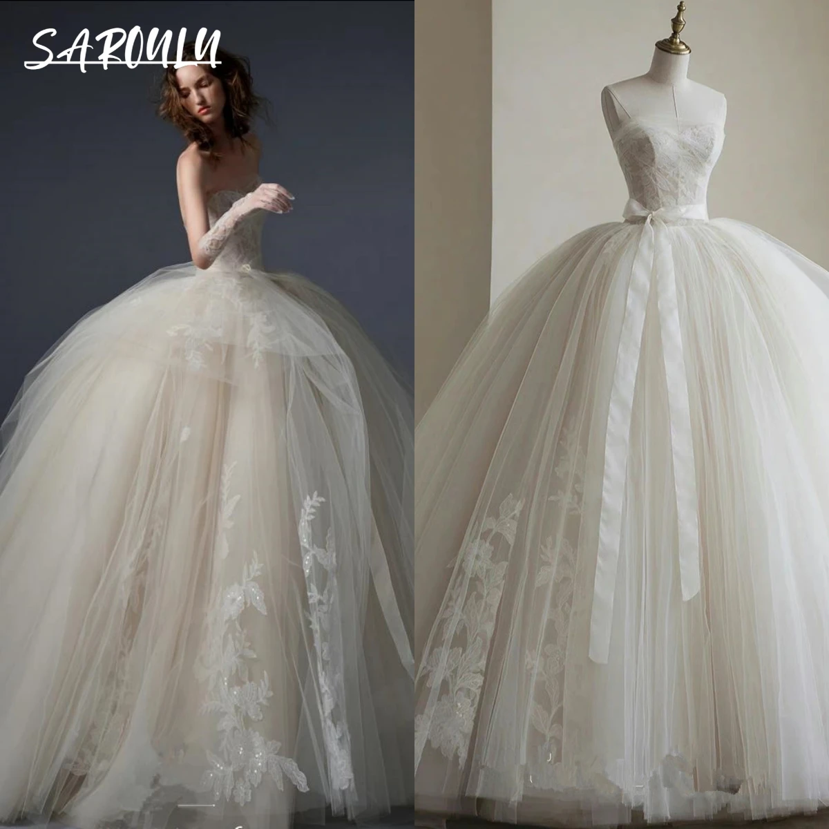 

Princess Ball Gown Wedding Dress Tulle Appliques Strapless Luxury Bride Dresses Custom Made Vestido De Novia Wedding Bridal Gown