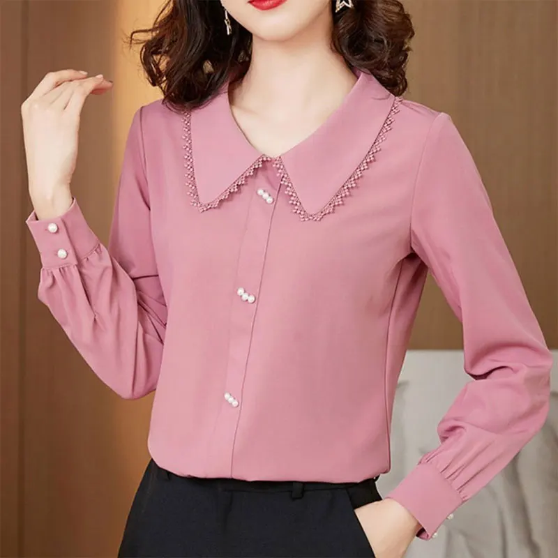 Fashion Commute Peter Pan Collar Blouse Elegant Lace Spliced Spring Solid Color Korean Female Clothing Chic Pearl Beading Shirt