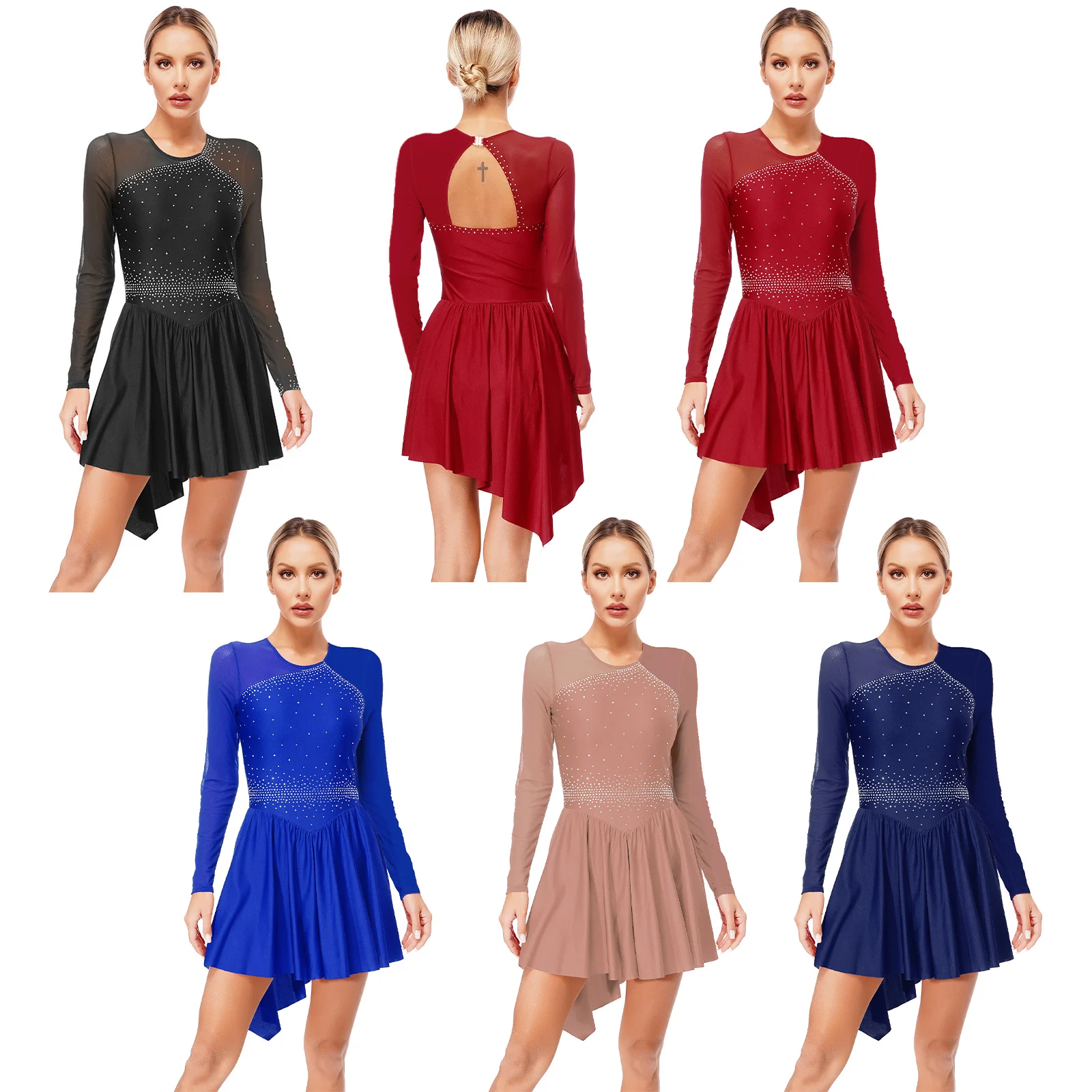 Women Ballet Lyrical Dance Leotards Ballerina Tutu Performance Figure Skating Dress Dancewear Mesh Splice Ice Skating Costume