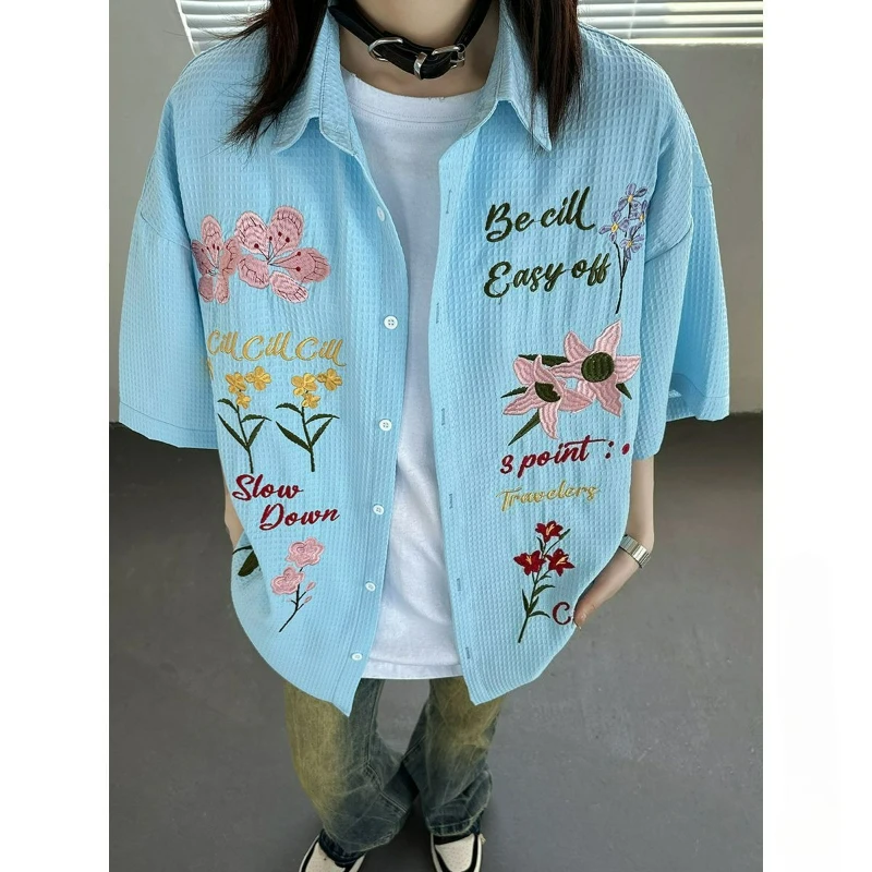 

Летняя модная футболка 2026 в школьном стиле, универсальная, больших размеров, с цветочным принтом, с коротким рукавом, мужская и женская, с вафельным узором