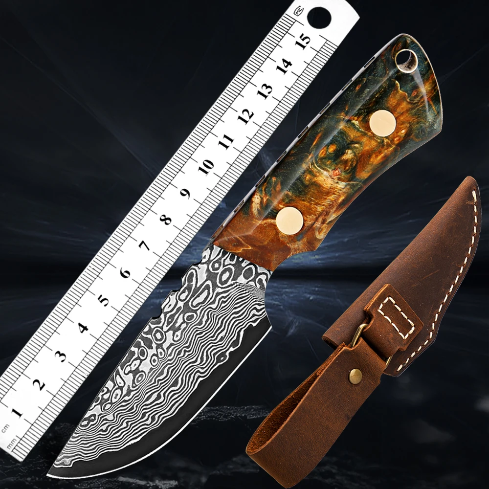 

Handmade Damascus Fruit Knife Damascus Steel Blade Hunting Skinning Knife Fixed Blade Camping Survival Knife With Leather Sheath