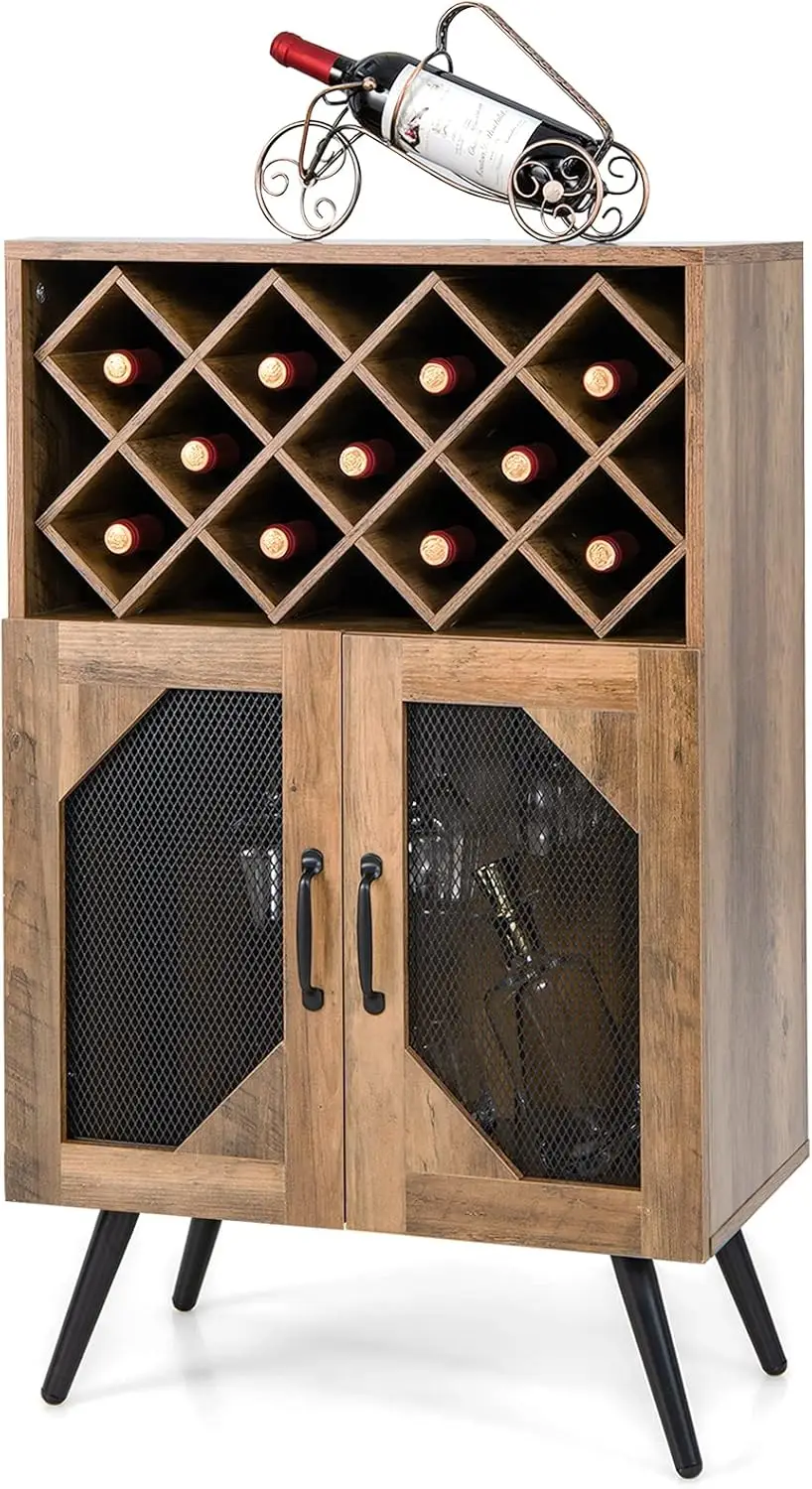 

Farmhouse Wine Bar,11-Bottle Rack,Industrial Buffet with Storage,Anti-Tipping,2 Doors & Glass Holder for Living Room Brown&Black