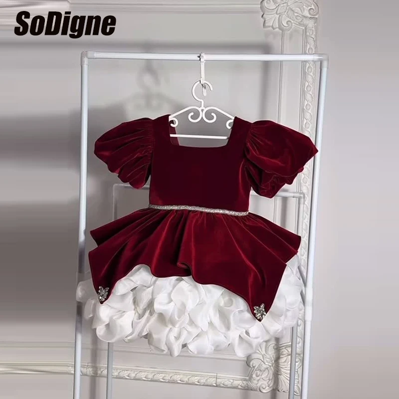 SoDigne A-line Velvet/Organza Flower Girl Dress Short Sleeves Square Collar Girls Skirt Party Dresses Christmas Gown Customized