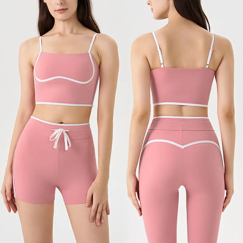 レディース-コントラスト-ホワイト-ストライプ-スポーツブラとドローストリング-ウエスト-カプリ-レギンス-ランニング用-2-ピース-ヨガ-セット