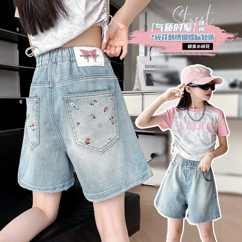 Teenage Girls Embroidered Denim Shorts Summer New Children's Pants Loose and Thin Foreign High-waisted A-word Floral Hot Pants