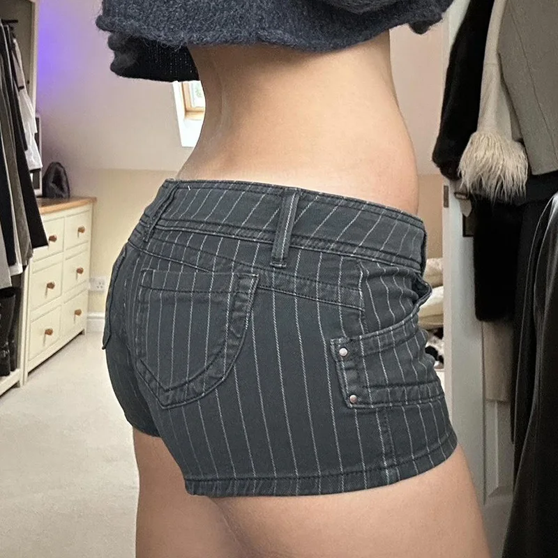 

American Street Style Striped Contrasting Denim Shorts Low Waist Double Breasted Slim Casual Hot Pants