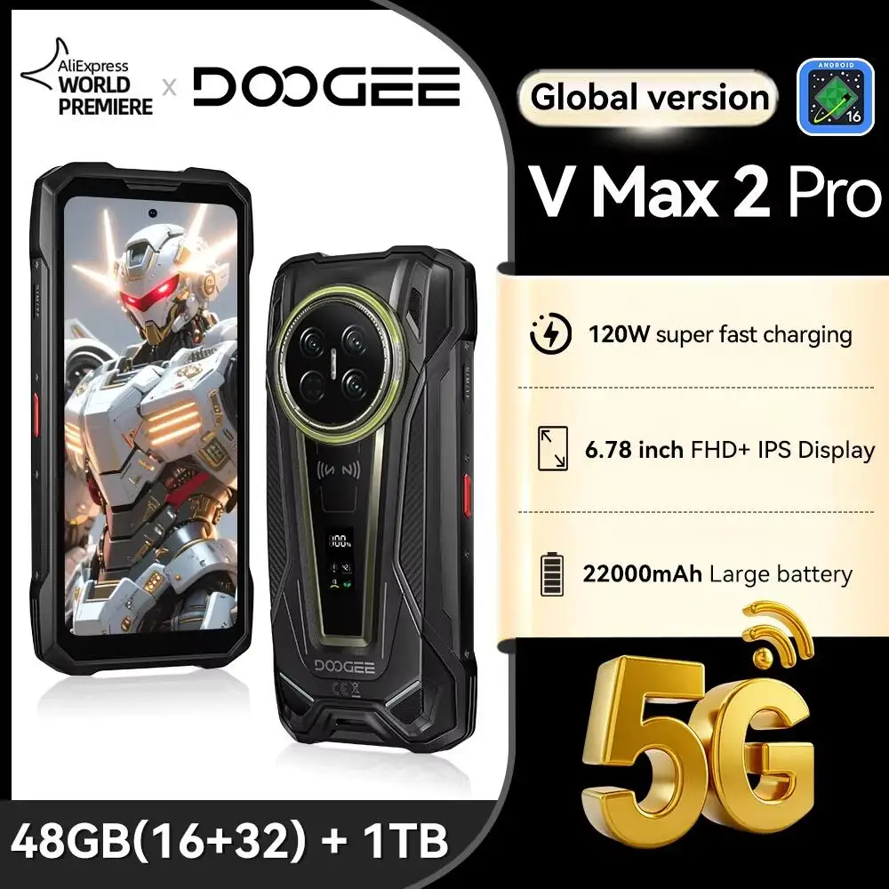 DOOGEE V Max 2 Pro Robustes Smartphone, Weltpremiere, 6,78 Zoll Display, 48GB(16+32) RAM + 1TB ROM, 22000mAh Großakku, Android 16, Doppelte Campingleuchten mit Lichteffekt, Doppellautsprecher, 120W