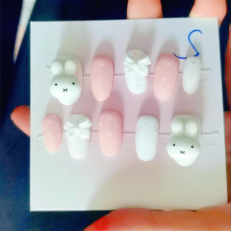 Nail Art Jelly - 귀여운 미피 프레스온 네일 핑크 화이트