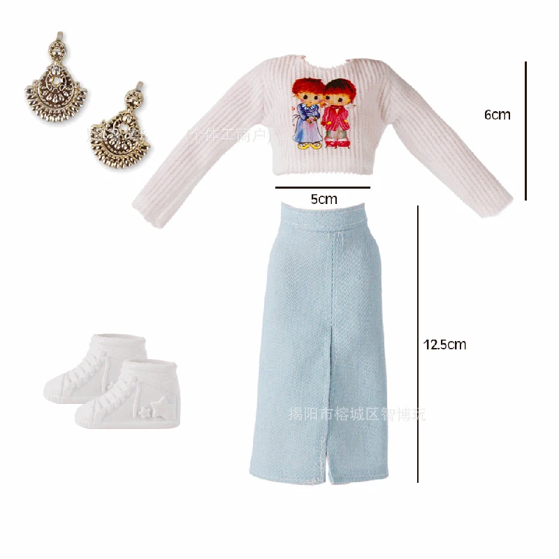 

Повседневный топ с длинными рукавами и мультяшным принтом + джинсовая юбка, модный простой комплект из топа и брюк для куклы-супермодели 1/6 FR Babi, детали одежды для кукол