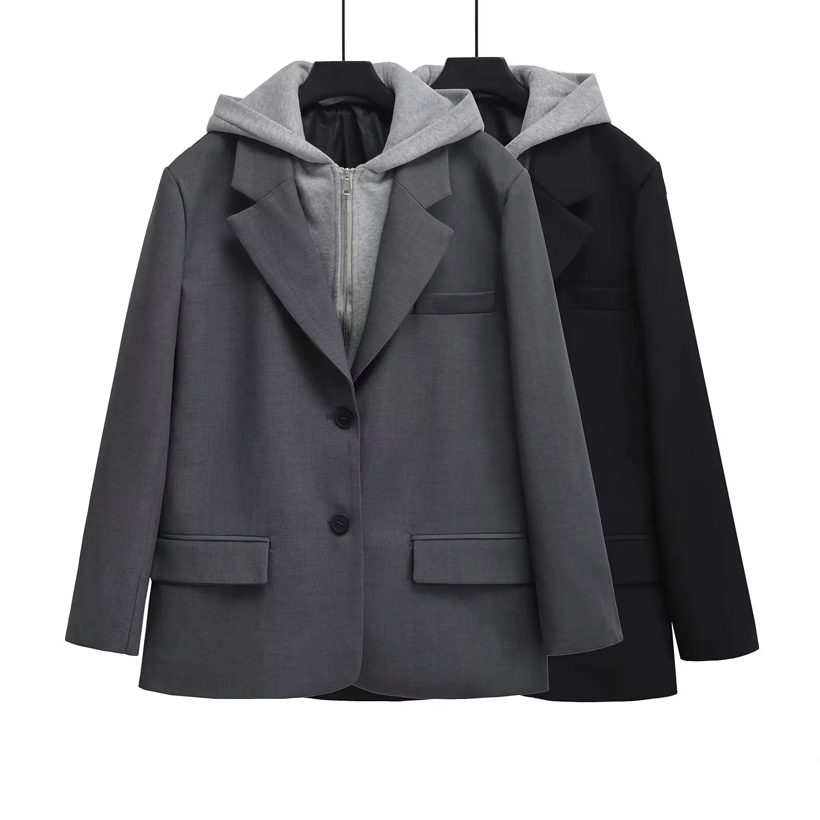 

Women's 2025 New Fashion Flip Pocket Decoration Loose Single breasted Hooded Suit Coat Retro Long Sleeved Women's Coat Chic Top