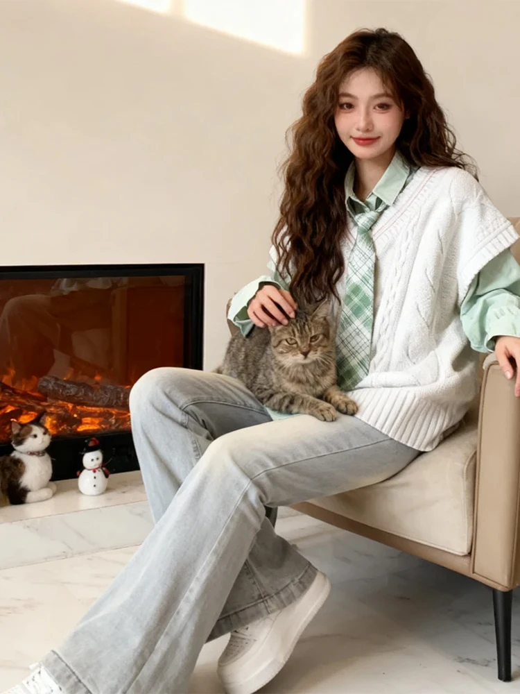 

Вязаный жилет een irt, расклешенные джинсы, комплект футболок, корейский комплект Sle College Faion, антивозрастной осенне-зимний женский ансамбль