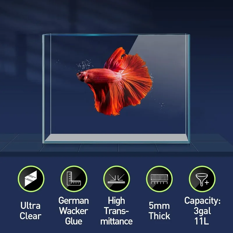 Ultra Clear Glass Fish Tank, Rimless Low Iron Aquarium for Betta/Nano/Goldfish/Snail/Shrimp, Small Fish Tank