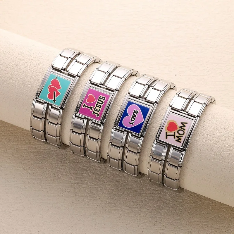 

New Double Chains Module Bracelet Men Women Devil's Eye Love Dog Italian Charms Stainless Steel 9mm Links Make DIY Jewelry Gifts