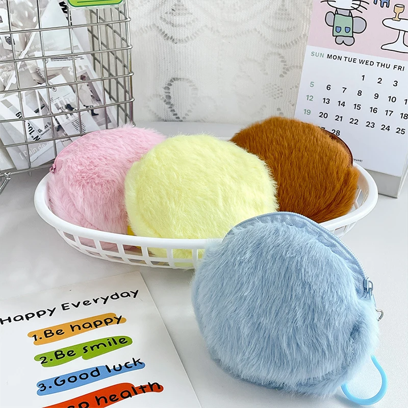 Cute Solid Color Plush Coin Purse Mini Wallet Portable Coin Bag Keychain Pendant Earphone Organizer Data Cable Lipstick Storage