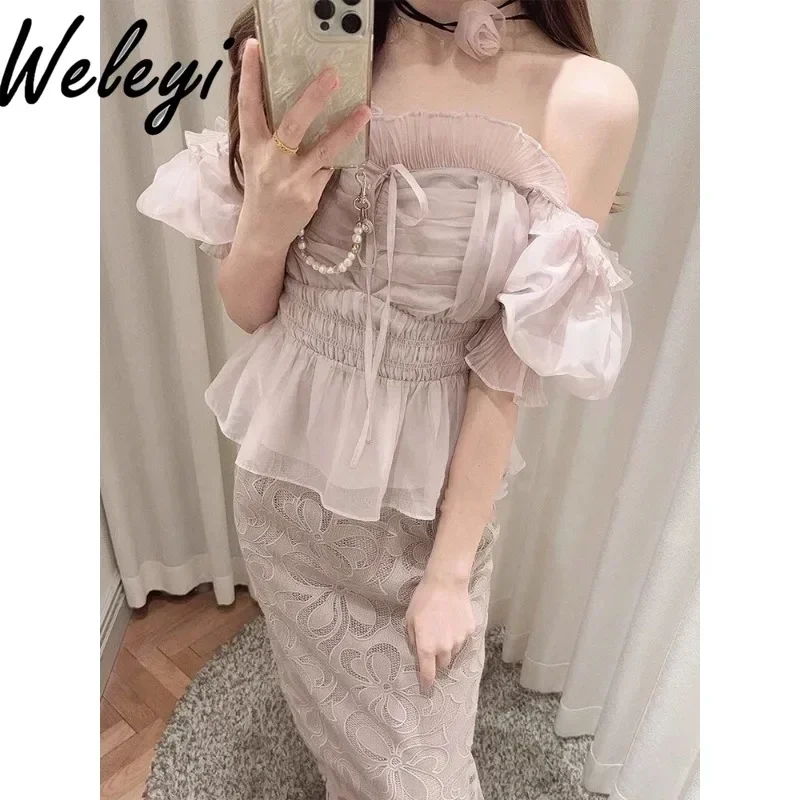 

Pink Japanese Sweet Tulle Koszulki Tops 2024 Spring Summer Cute Pure Desire Wind Streetwear T Shirts Off Shoulder Lace Up Blusas