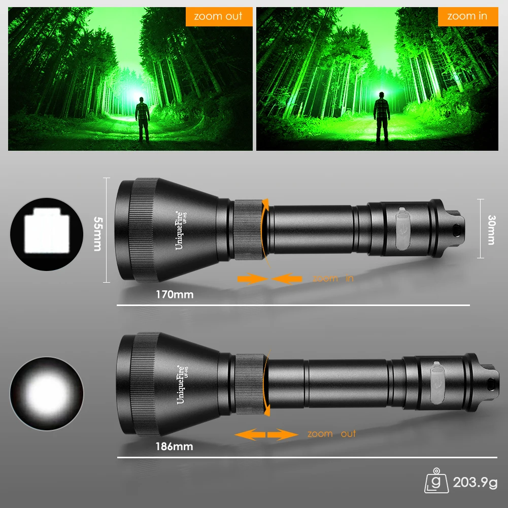 UniqueFire H5 XPE LED Flashlight Green Light Dimmer Swtich Indicator USB C Reachargeable Zoomable Torch Kit for Outdoor Hunting