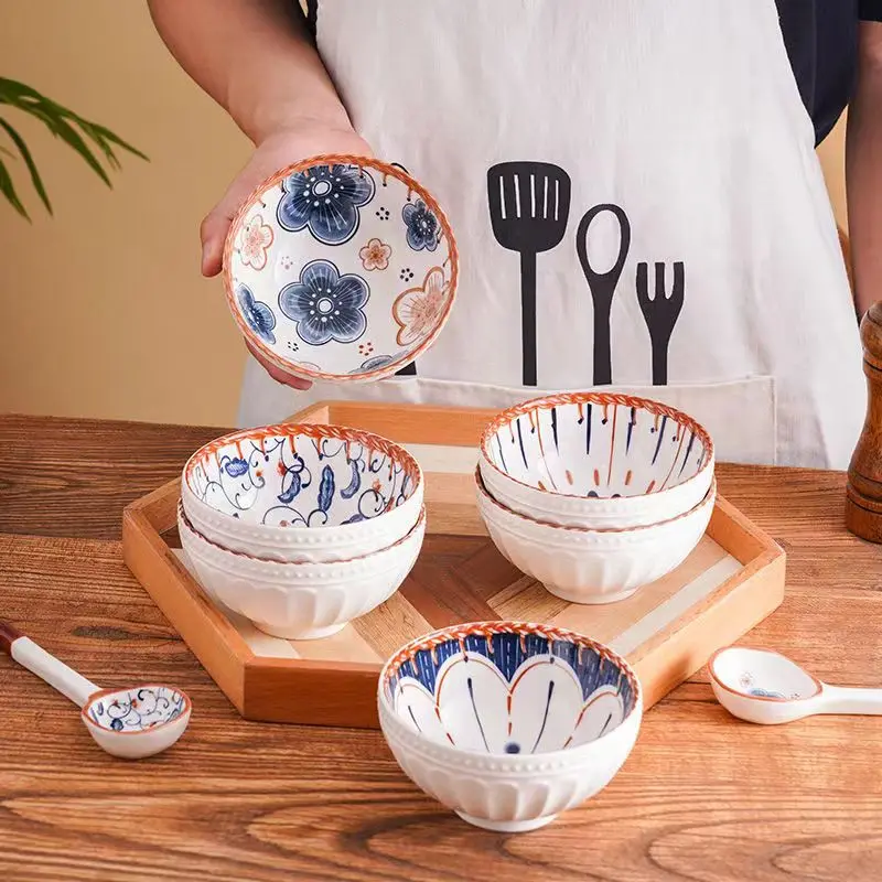 Japonês Retro Household Noodle Bowl, Tigela de cerâmica, Massa Anti-escaldante em relevo Bowl, Louça de cozinha, Forno de microondas