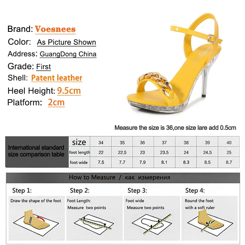 Voesnees High Quality Gold Chain Design Women Sandals Summer Beach Party Shoes Plus Size Transparent Platform 9.5CM Stilettos