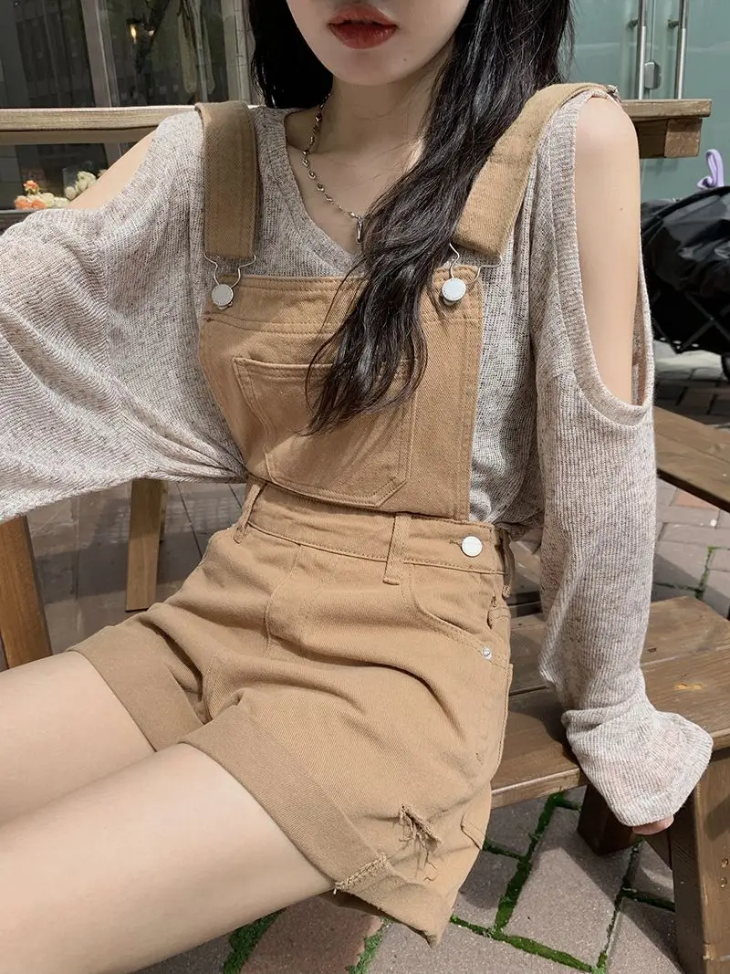 2 สี S-XL DENIM Rompers ผู้หญิงวินเทจเกาหลี Chic Streetwear ฤดูร้อนหวานสูงเอว Preppy สไตล์ DENIM กางเกงขาสั้น (sm5833