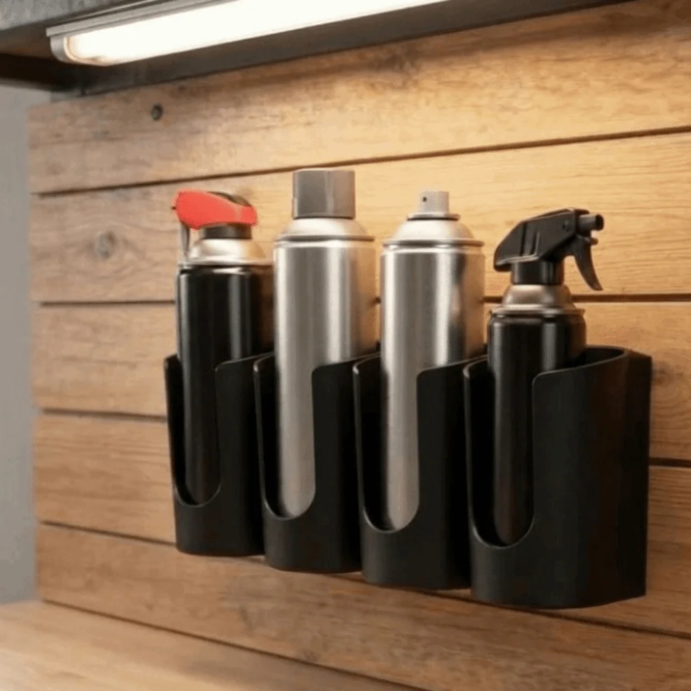Practical 4 Slots Spray Bottle Holder Wall Mounted 3D Printed Spray Can Holder Space Saving Plastic Aerosol Can Holder Shop