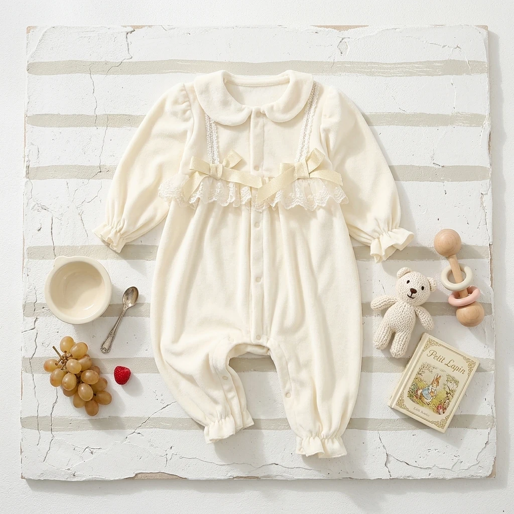 Winter-Baby-Mädchen-Jumpsuits mit langen Ärmeln, niedliche Spitze, verdickte warme Kleidung für Säuglinge – Detail 1