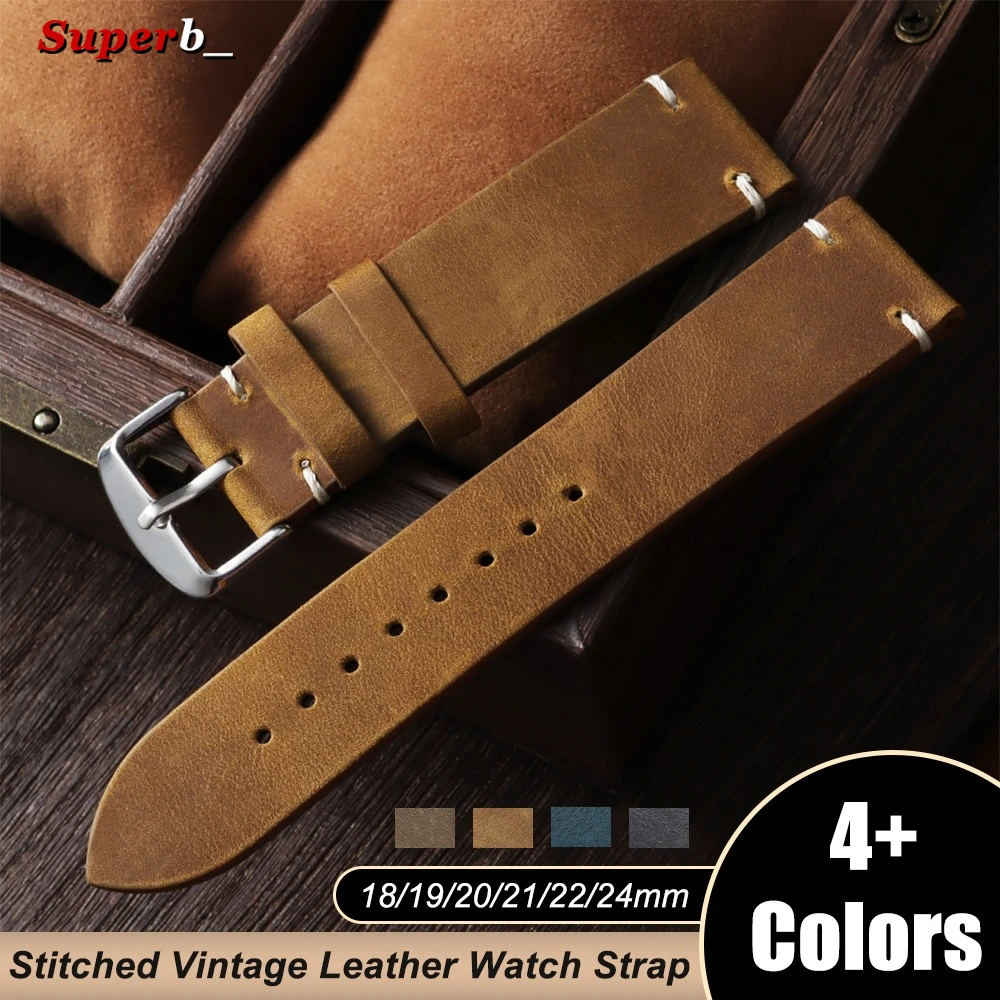 Vintage Vintage Oil Wax Watch Band for Omega Handmade Stitching Cowhide Strap for Seiko Smartwatch Bracelet 18mm 20mm 22mm 24mm 19mm21mm - Aliexpress Deal