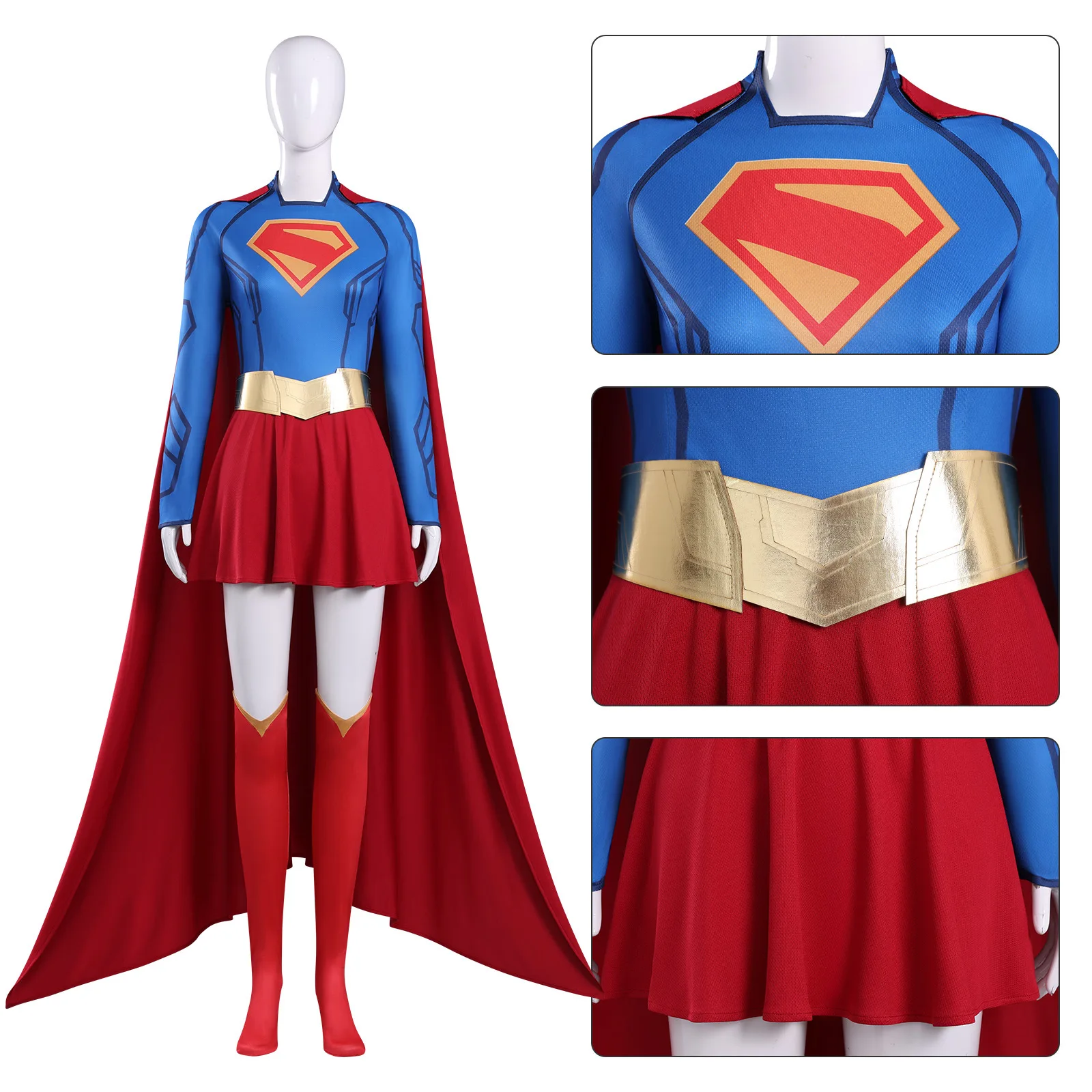 Superwoman Superhero Cosplay Full Set Jumpsuit Skirt Golden Waistband Red Cape Thigh Socks Female Halloween Party Costume view 2