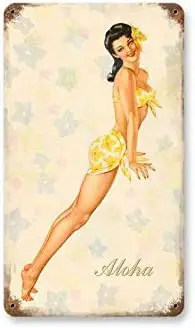 Metal Tin Sign Vintage Chic Art Decoration Aloha Pretty Hawaiian Hula Pinup Girl for Bar Cafe Home Farm Office Restaurant Club o