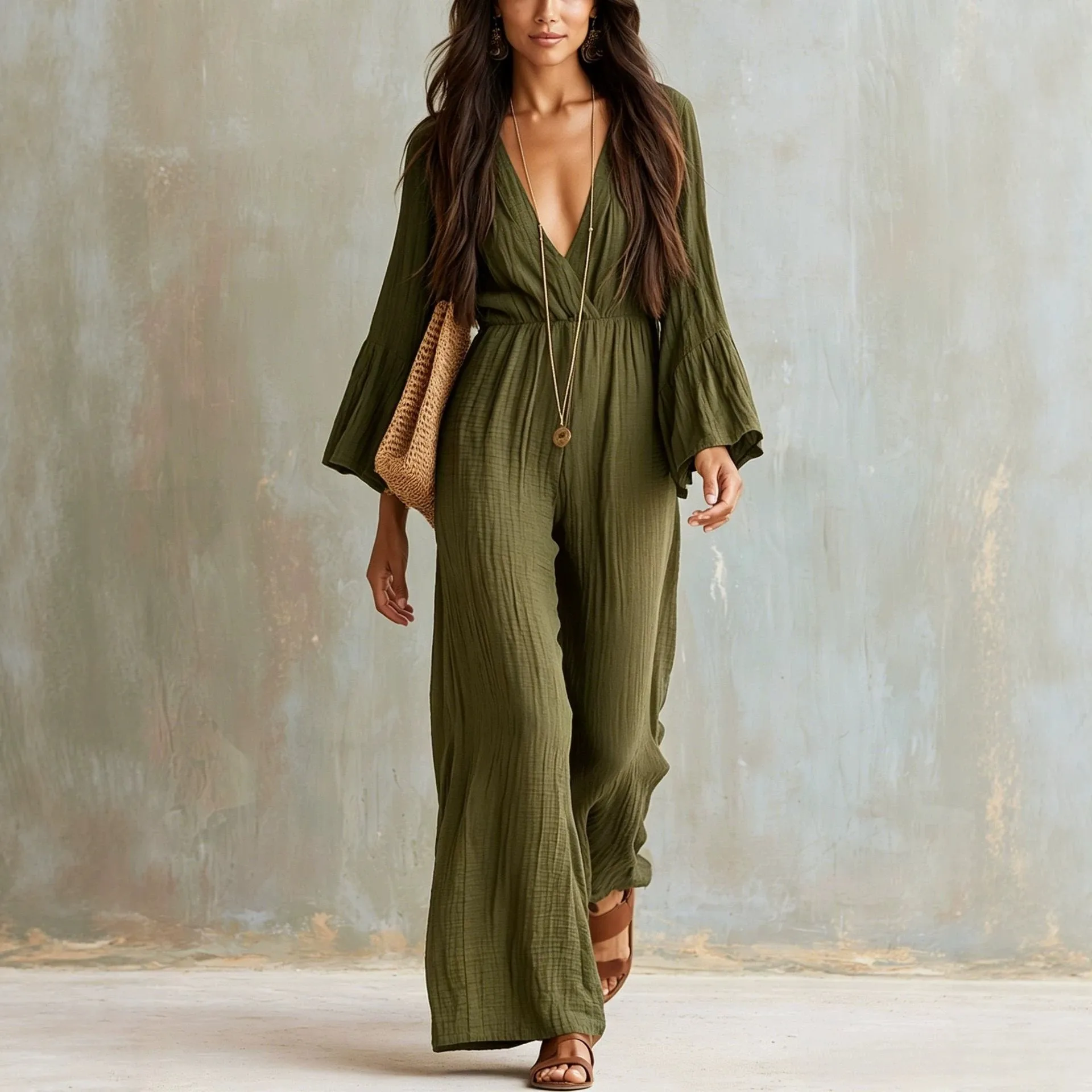 For Woman Jumpsuit V Neck Wide Leg Elastic Waist Jumpsuits Solid Color Loose Fit Romper Boho Style Navy Blue Long Jumpsuit