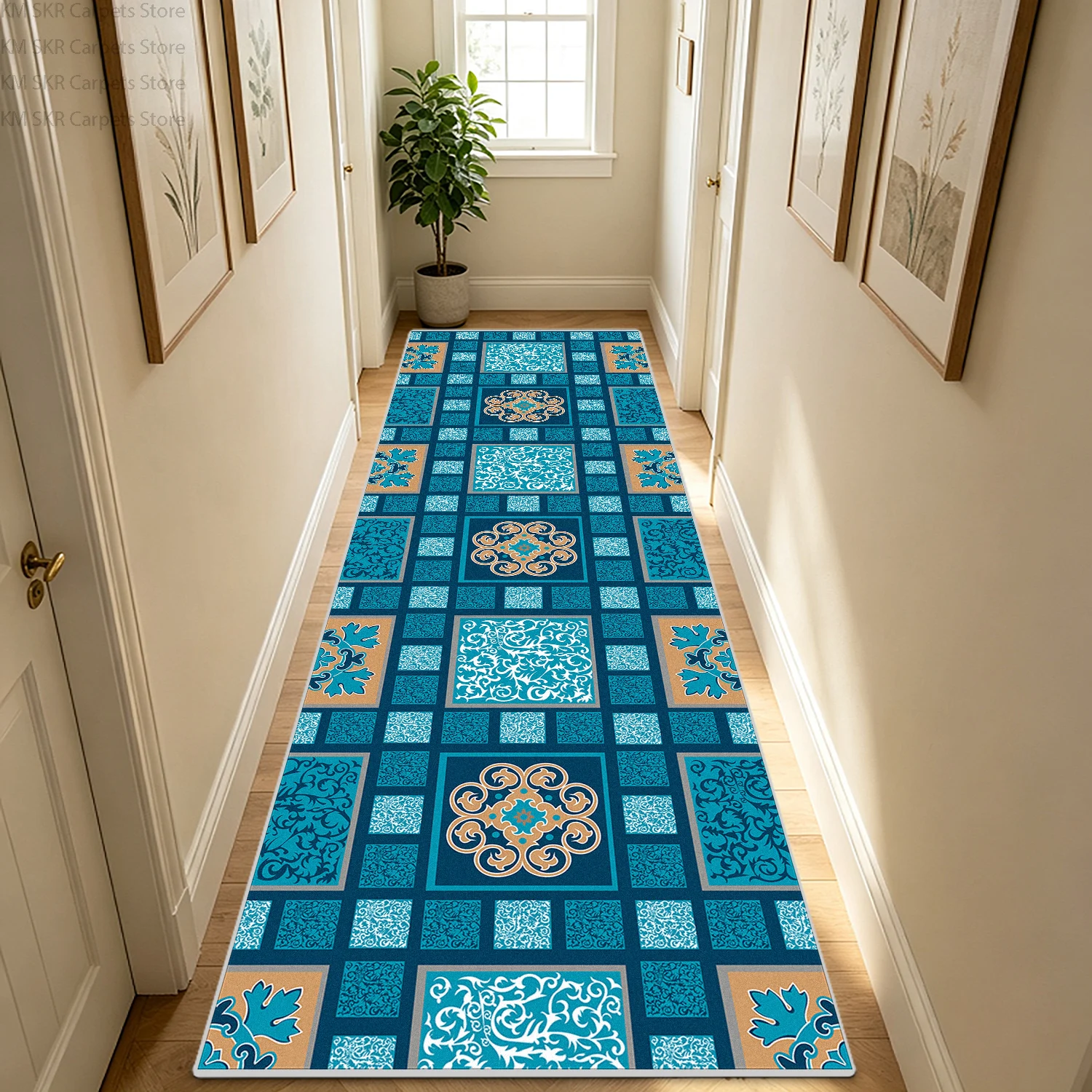 

Luxury European Style Hallway Runner Carpet Washable Anti Slip Decoration Wedding Rug Retro Geometric Living Room Sofa Floor Mat