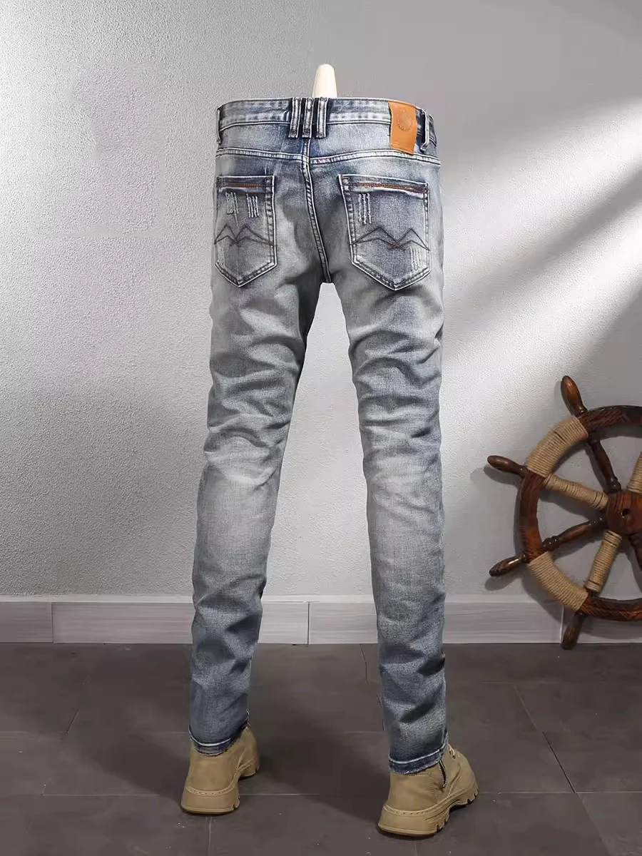 Vintage Fashion Men Jeans High Quality Retro Washed Blue Stretch Slim Fit Ripped Jeans Men Casual Designer Denim Pants Hombre