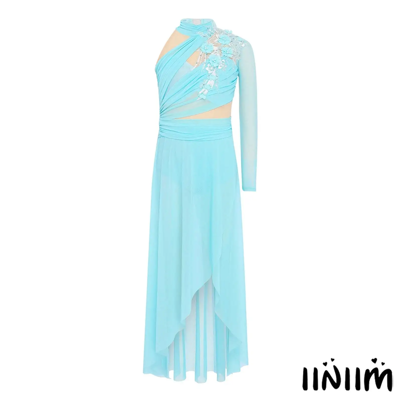 

Kids Girls Applique Lyrical Modern Dance Dresses Keyhole Back Side Split Irregular Hem Mesh Dress Ballet Contemporary Dancewear