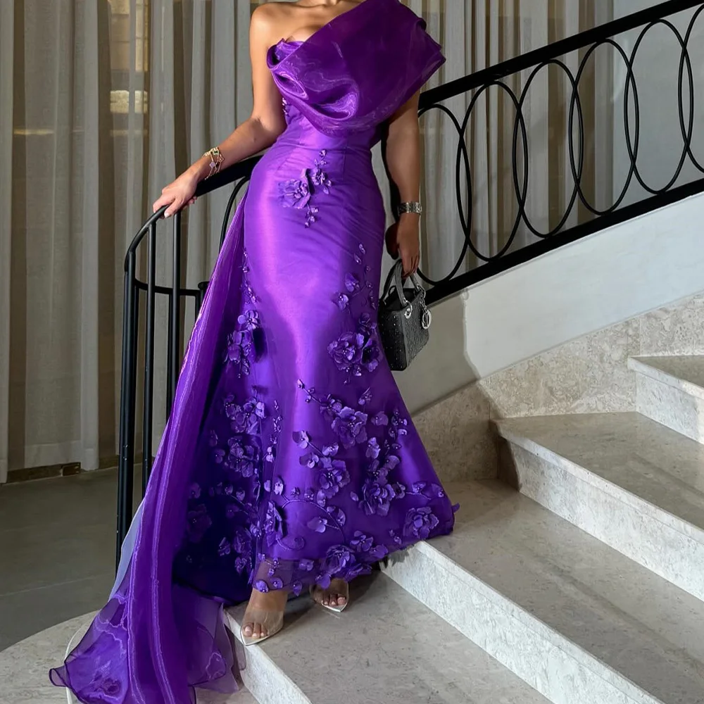 Mermaid Strapless  Off the Shoulder Satin Organza Half Sleeves Elegant and Luxury Evening Dresses Panel Train Flowers Pleats