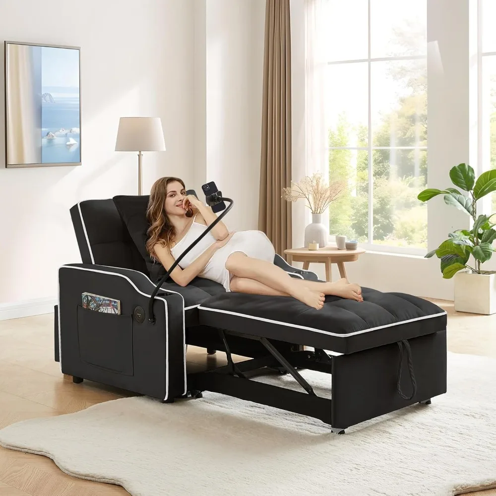 سرير كرسي أريكة قابل للتحويل، سرير أريكة فوتون صغير مخملي 3 في 1 مع حامل هاتف ومنافذ USB، أريكة قابلة للسحب #1