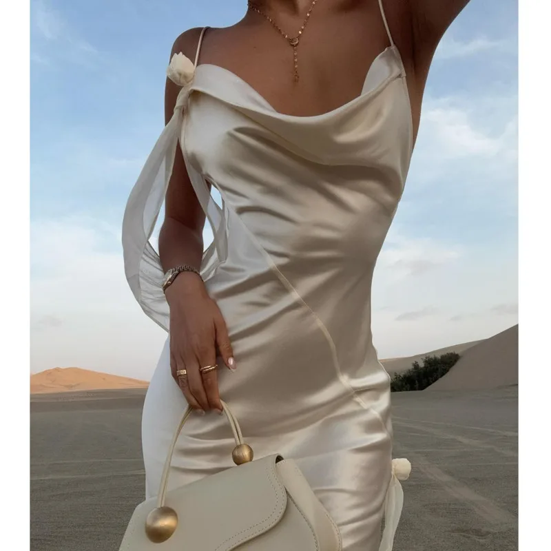 Elegantes weißes Satin rückenfreies Maxikleid für Damen, sexy, figurbetont, ärmellos, Quaste, plissiert, lange Kleider, Dame, Urlaub, Strandparty, Robe